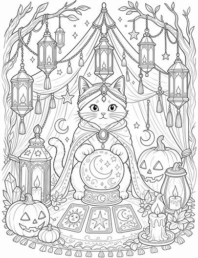 Black Cat Oracle In A Lantern Tent printable coloring page from the halloween coloring pages collection