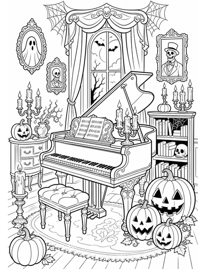 Candlelit Haunted Music Room With Pumpkins printable coloring page from the halloween coloring pages collection