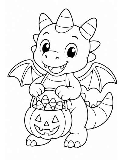 Candy Corn Dragon With A Pumpkin Bucket printable coloring page from the halloween coloring pages collection