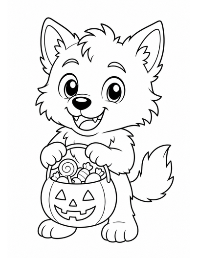Cute Werewolf Pup With A Candy Bag printable coloring page from the halloween coloring pages collection