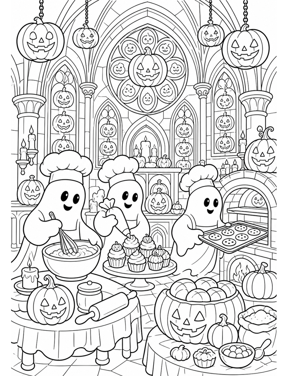 Ghost Bakers In A Pumpkin Lantern Cathedral printable coloring page from the halloween coloring pages collection