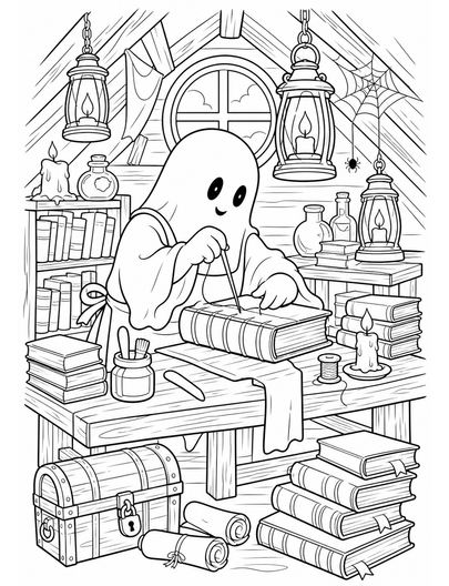 Ghost Bookbinder In A Lantern Attic printable coloring page from the halloween coloring pages collection