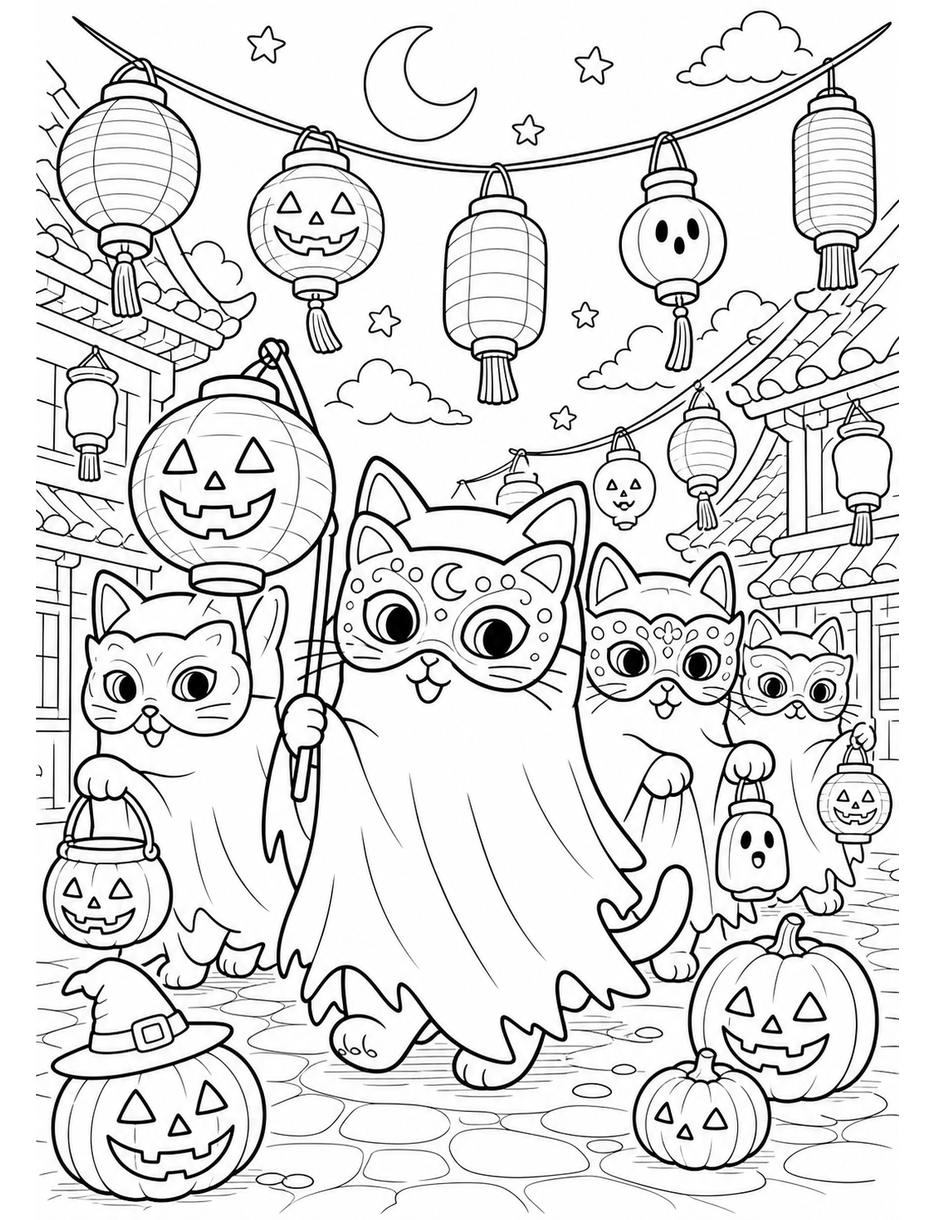 Ghost Cat Mask Parade Under Lanterns printable coloring page from the halloween coloring pages collection