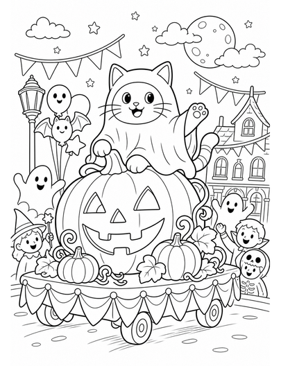 Ghost Cat Riding A Pumpkin Parade Float printable coloring page from the halloween coloring pages collection