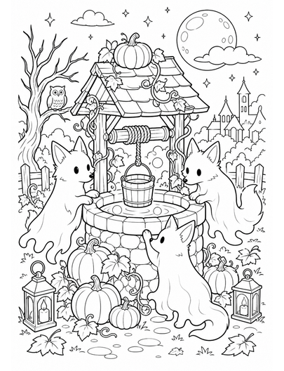 Ghost Foxes At The Pumpkin Wishing Well printable coloring page from the halloween coloring pages collection