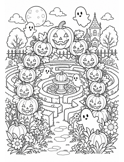Ghost Garden Maze With Pumpkin Archways printable coloring page from the halloween coloring pages collection