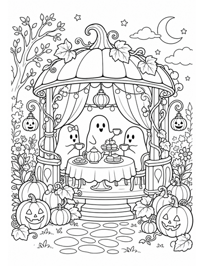 Ghost Garden Party In A Pumpkin Gazebo printable coloring page from the halloween coloring pages collection