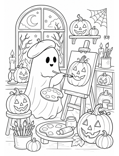 Ghost Painter In A Pumpkin Lantern Studio printable coloring page from the halloween coloring pages collection