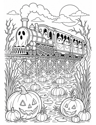 Ghost Train Crossing A Pumpkin Marsh printable coloring page from the halloween coloring pages collection