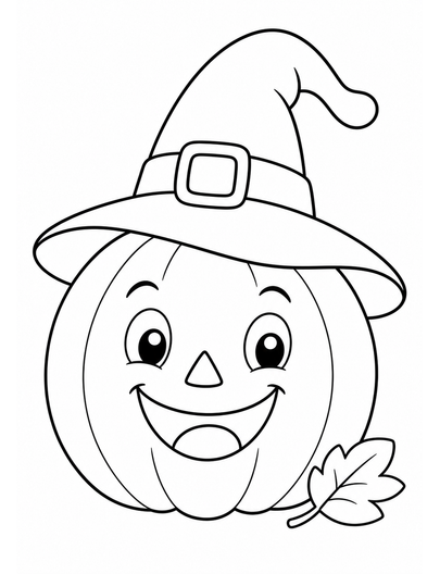 Happy Witch Hat On A Smiling Pumpkin printable coloring page from the halloween coloring pages collection