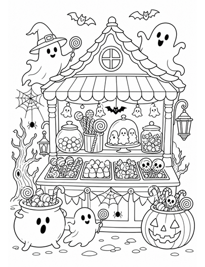 Haunted Candy Shop With Ghostly Treats printable coloring page from the halloween coloring pages collection