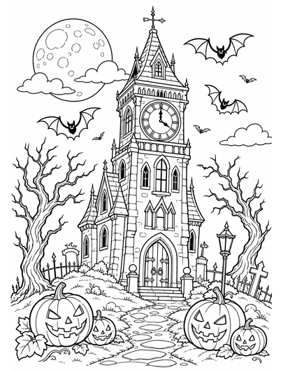 Haunted Clocktower With Bats And Pumpkins printable coloring page from the halloween coloring pages collection