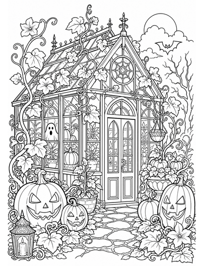 Haunted Greenhouse With Pumpkins And Vines printable coloring page from the halloween coloring pages collection