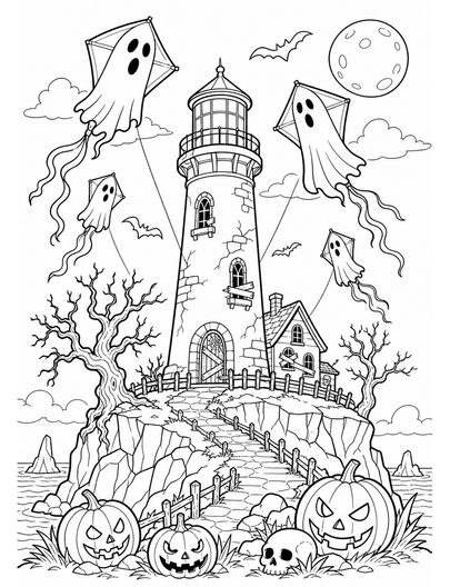 Haunted Lighthouse With Flying Ghost Kites printable coloring page from the halloween coloring pages collection