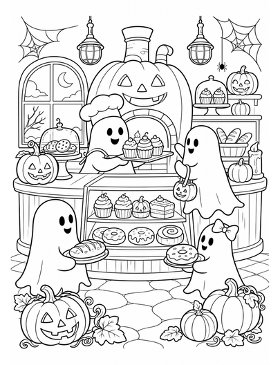 Haunted Pumpkin Bakery With Ghost Customers printable coloring page from the halloween coloring pages collection