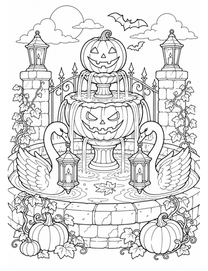 Haunted Pumpkin Fountain With Lantern Swans printable coloring page from the halloween coloring pages collection