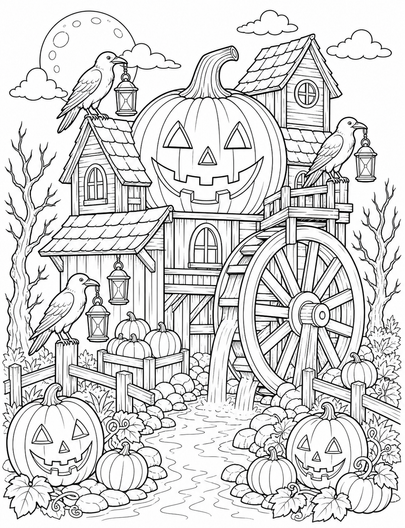 Haunted Pumpkin Mill With Lantern Crows printable coloring page from the halloween coloring pages collection