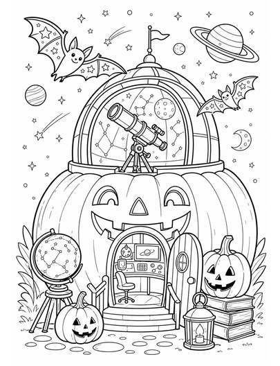 Haunted Pumpkin Planetarium With Star Bats printable coloring page from the halloween coloring pages collection