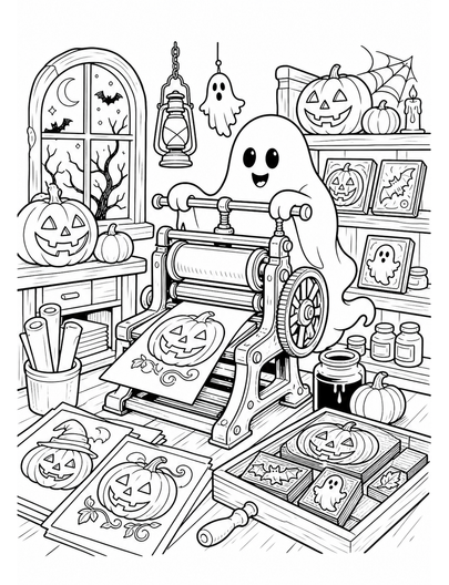 Haunted Pumpkin Print Shop With Ghost Press printable coloring page from the halloween coloring pages collection