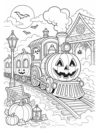 Haunted Pumpkin Train At Foggy Station printable coloring page from the halloween coloring pages collection