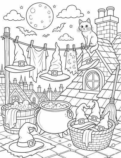 Haunted Rooftop Laundry With Witch Hats printable coloring page from the halloween coloring pages collection