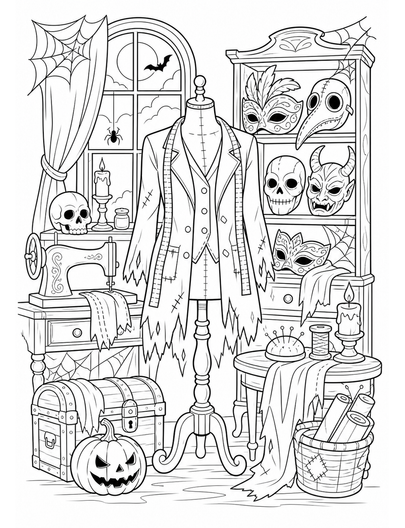 Haunted Tailor Shop With Masks And Cobwebs printable coloring page from the halloween coloring pages collection