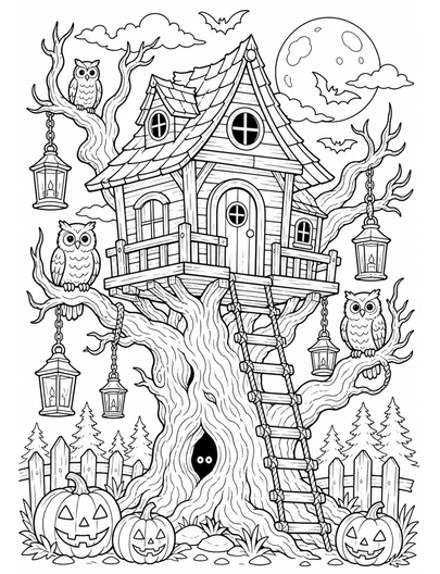 Haunted Treehouse With Owls And Lanterns printable coloring page from the halloween coloring pages collection