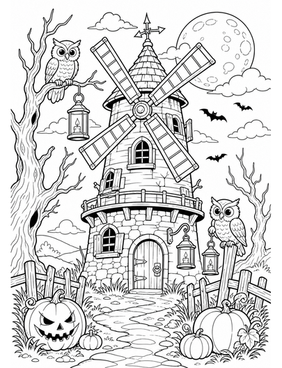Haunted Windmill With Lantern Owls printable coloring page from the halloween coloring pages collection