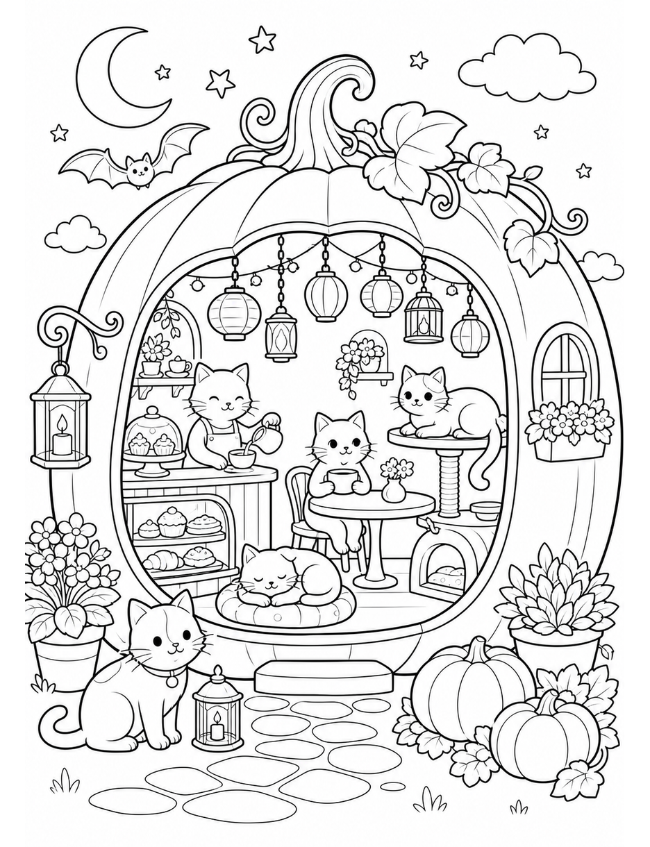 Lantern Cat Cafe Inside A Giant Pumpkin printable coloring page from the halloween coloring pages collection