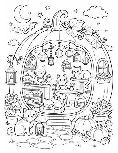 Lantern Cat Cafe Inside A Giant Pumpkin printable coloring page from the halloween coloring pages collection