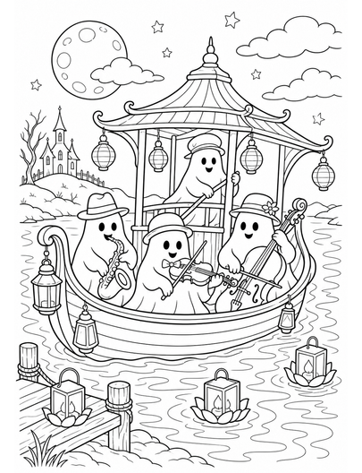 Lantern Ferry With Ghost Musicians printable coloring page from the halloween coloring pages collection