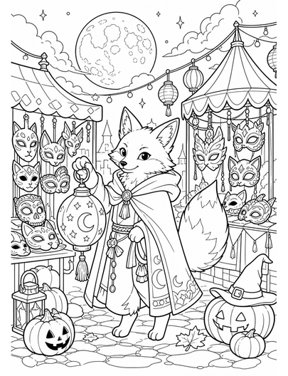 Lantern Fox At The Moonlit Mask Bazaar printable coloring page from the halloween coloring pages collection