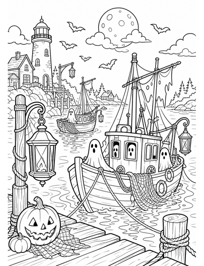 Lantern Harbor With Ghost Fishing Boats printable coloring page from the halloween coloring pages collection