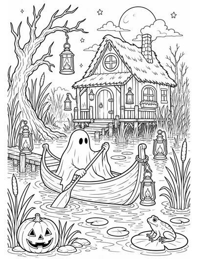 Lantern Marsh Cottage With Ghost Canoe printable coloring page from the halloween coloring pages collection