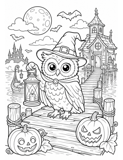 Lantern Owl At The Haunted Pumpkin Pier printable coloring page from the halloween coloring pages collection
