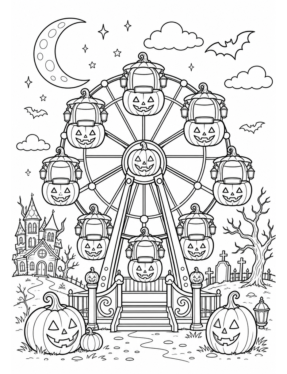 Lantern Pumpkin Ferris Wheel At Midnight printable coloring page from the halloween coloring pages collection