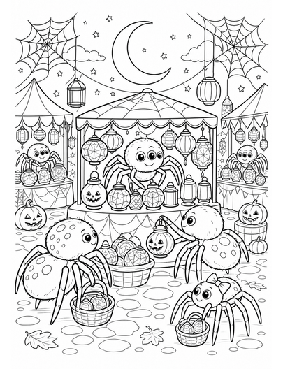 Lantern Spider Market Under A Crescent Moon printable coloring page from the halloween coloring pages collection