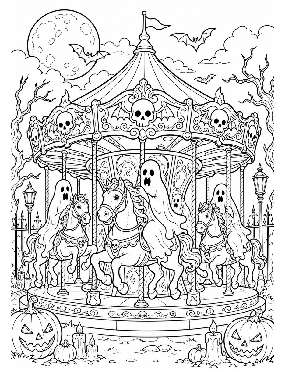 Midnight Haunted Carousel With Ghost Riders printable coloring page from the halloween coloring pages collection