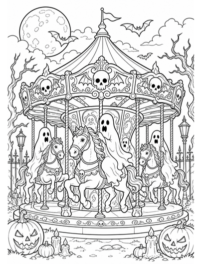 Midnight Haunted Carousel With Ghost Riders printable coloring page from the halloween coloring pages collection
