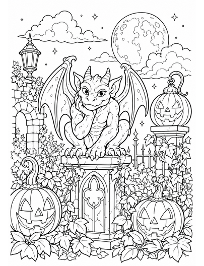 Moonlit Gargoyle Garden With Pumpkin Lanterns printable coloring page from the halloween coloring pages collection