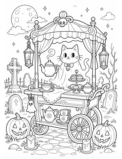 Moonlit Graveyard Tea Cart With Ghost Cat printable coloring page from the halloween coloring pages collection