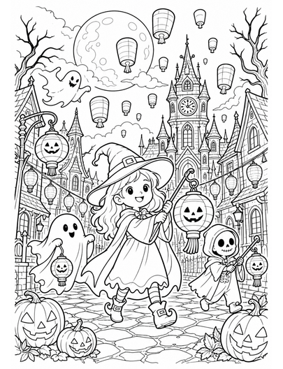 Moonlit Lantern Festival In A Haunted Town printable coloring page from the halloween coloring pages collection