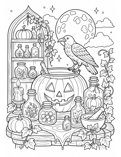 Moonlit Pumpkin Apothecary With Raven printable coloring page from the halloween coloring pages collection