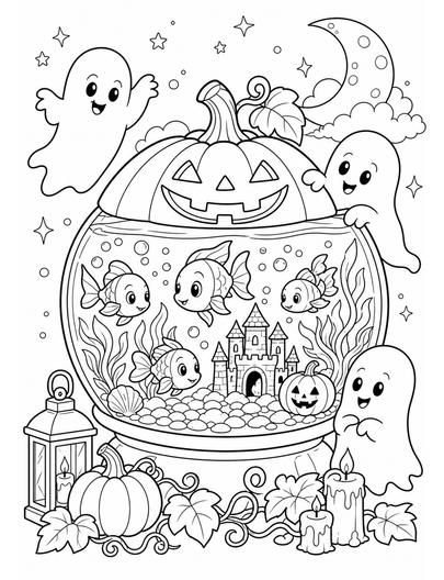 Moonlit Pumpkin Aquarium With Friendly Ghosts printable coloring page from the halloween coloring pages collection