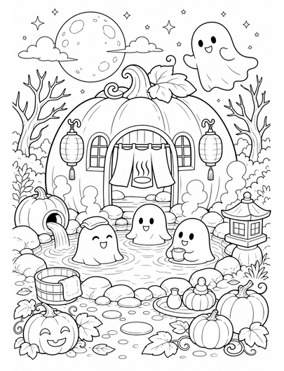 Moonlit Pumpkin Bathhouse With Friendly Ghosts printable coloring page from the halloween coloring pages collection