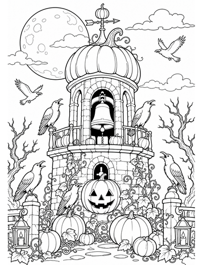 Moonlit Pumpkin Bell Tower With Raven Choir printable coloring page from the halloween coloring pages collection