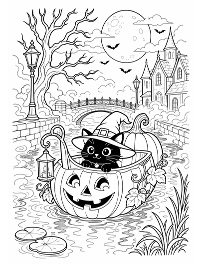 Moonlit Pumpkin Boat On A Misty Canal printable coloring page from the halloween coloring pages collection