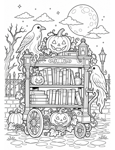 Moonlit Pumpkin Book Cart With Ghost Ravens printable coloring page from the halloween coloring pages collection