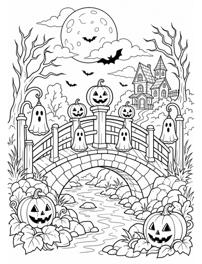 Moonlit Pumpkin Bridge With Ghost Lanterns printable coloring page from the halloween coloring pages collection
