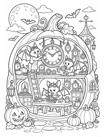Moonlit Pumpkin Clock Shop With Bat Mechanics printable coloring page from the halloween coloring pages collection
